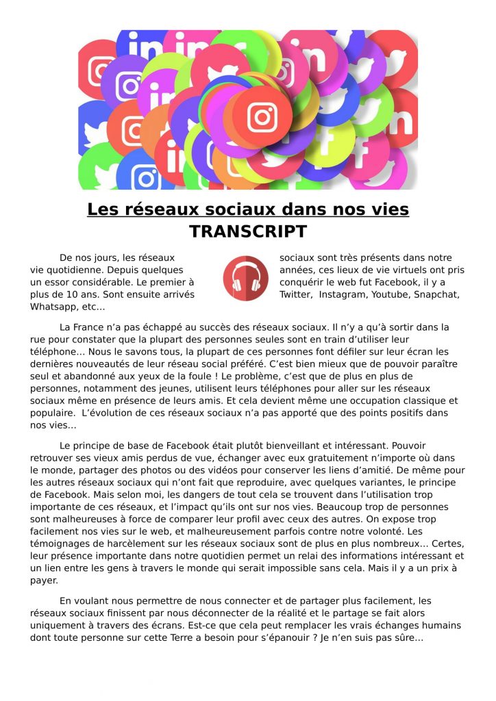Les réseaux sociaux french listening lesson